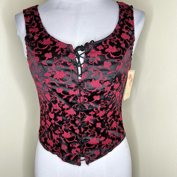 90s Empire Intimates Corset Top XL Red Brocade Black Floral Lace Up Lingerie New - Picture 2 of 8